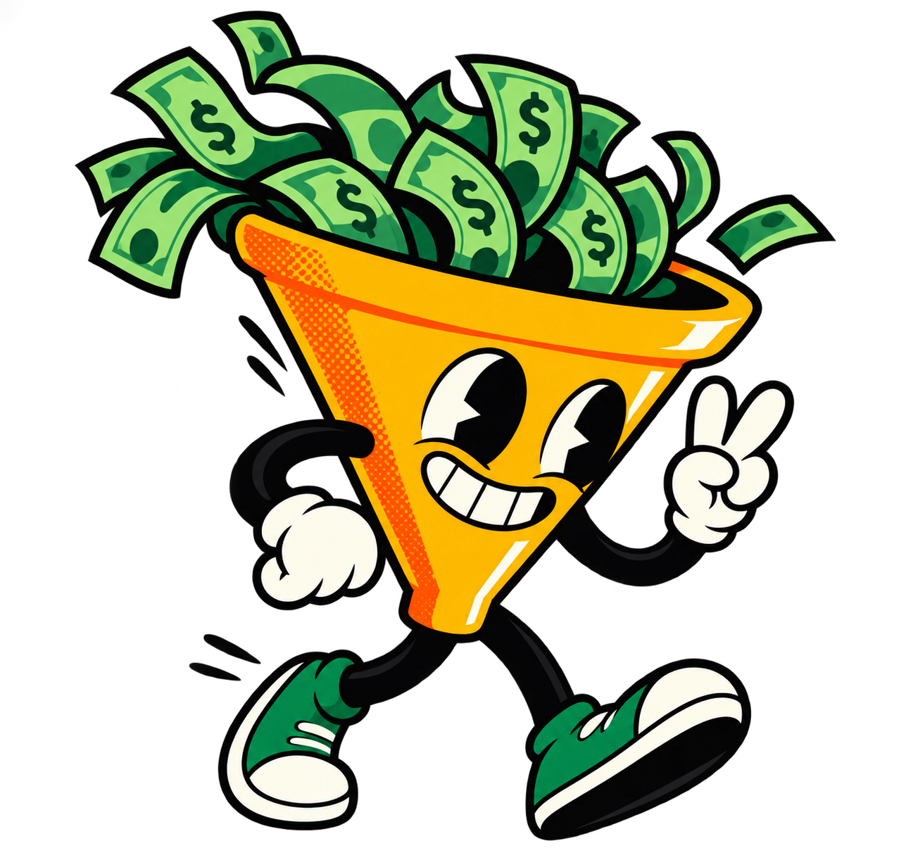 Mascote do Funnel Maker, um funil sorridente cheio de dinheiro, acenando
